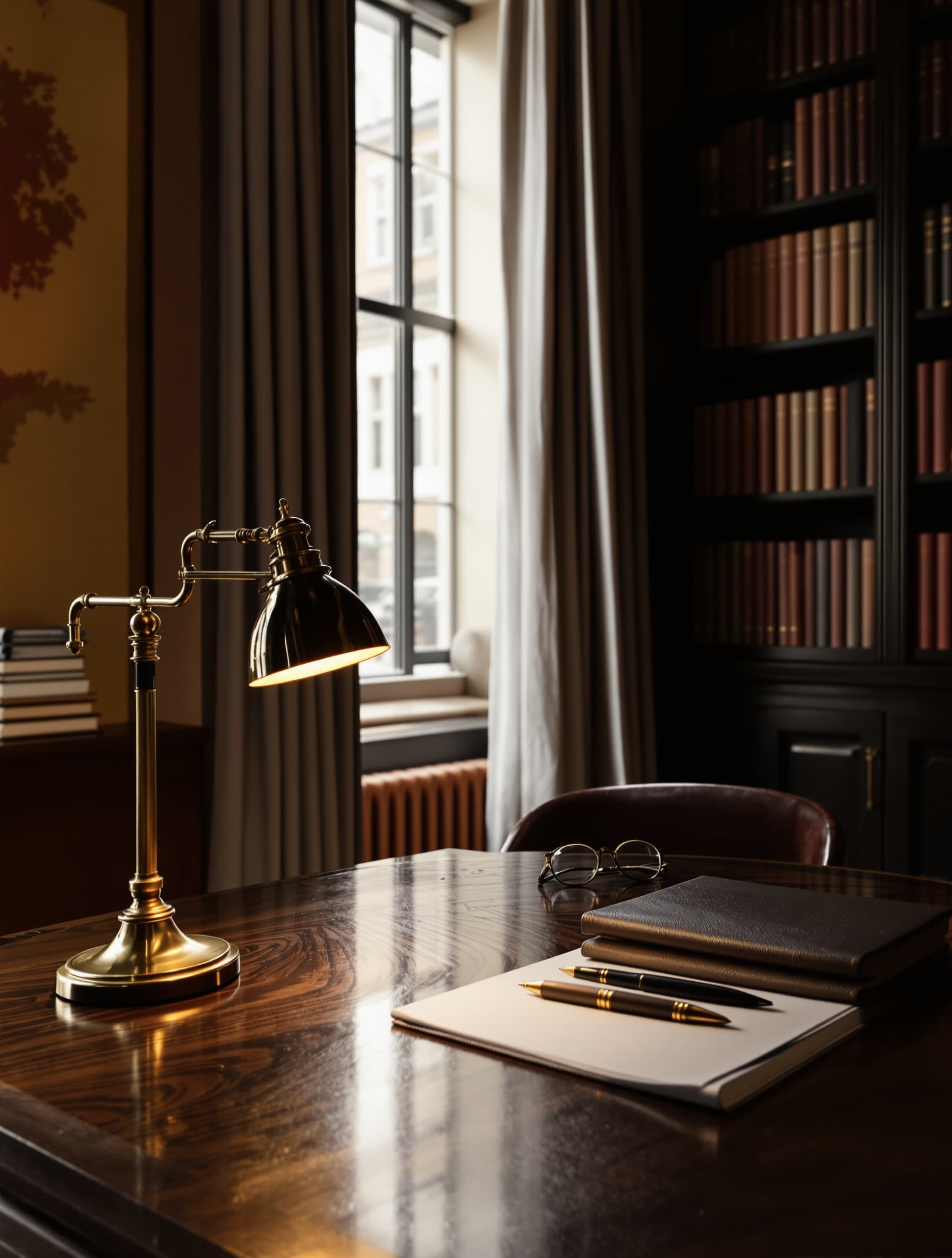 A quiet study at dusk: a brass desk lamp, leather-bound law reports and soft Sydney light through a tall window.